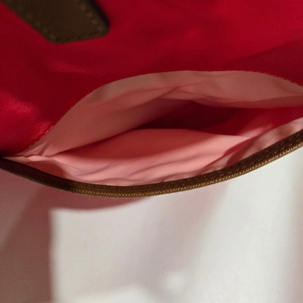 Michael Kors Polly Tote Bag Watermelon Coral Red Nylon Tan Leather Trim